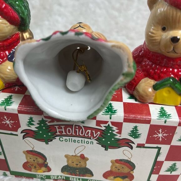New in Box set of 3PC  ceramic Bear Bell Ornament Red ,Green & Tan colors - Picture 11 of 12